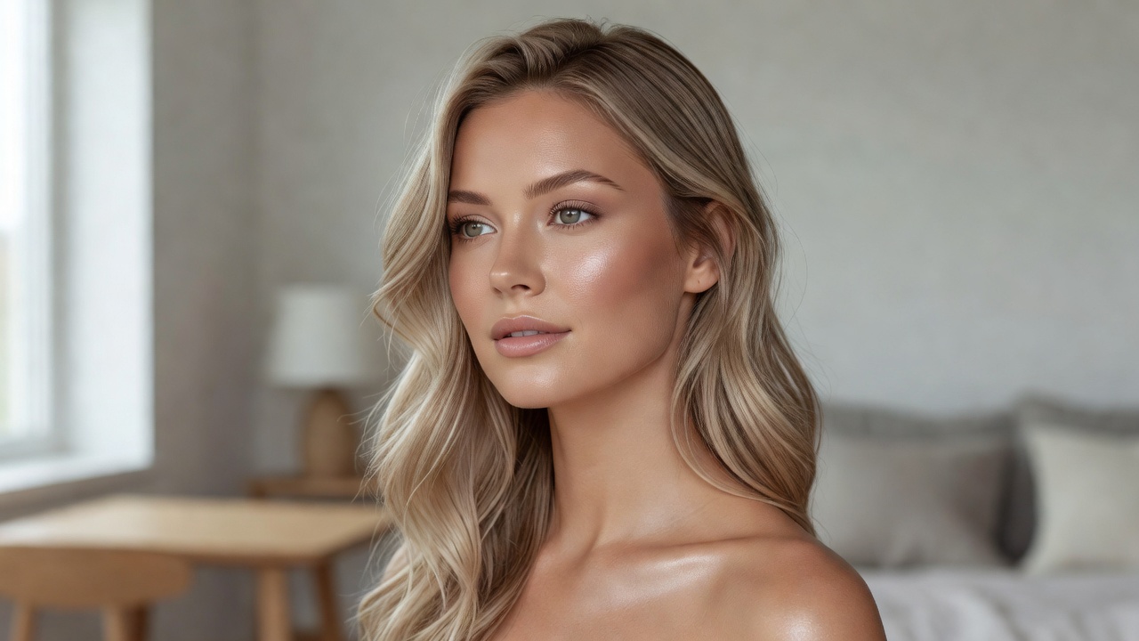 Beautiful model showcasing glowing skin, soft neutral makeup look with Scandinavian natural tones