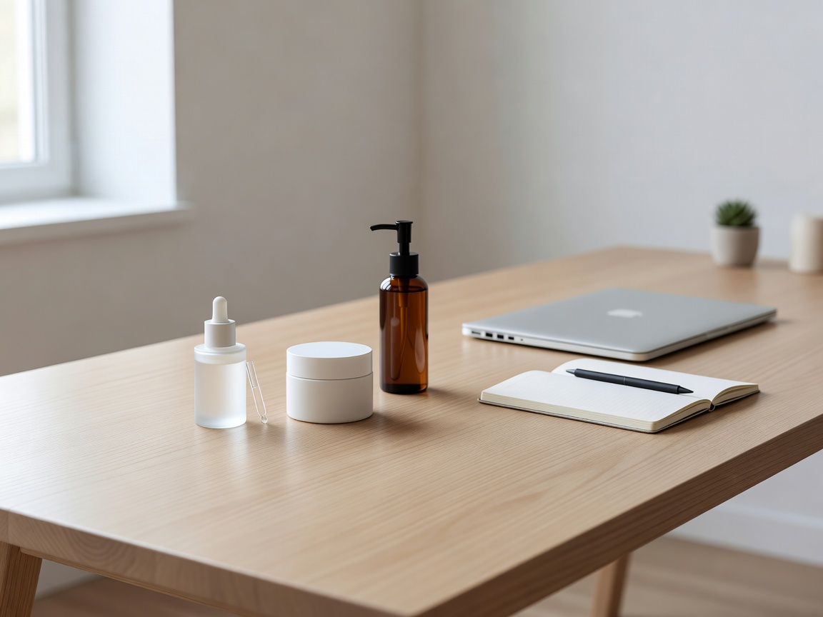 Beautiful workspace showing high quality skincare layout on desk with minimal design