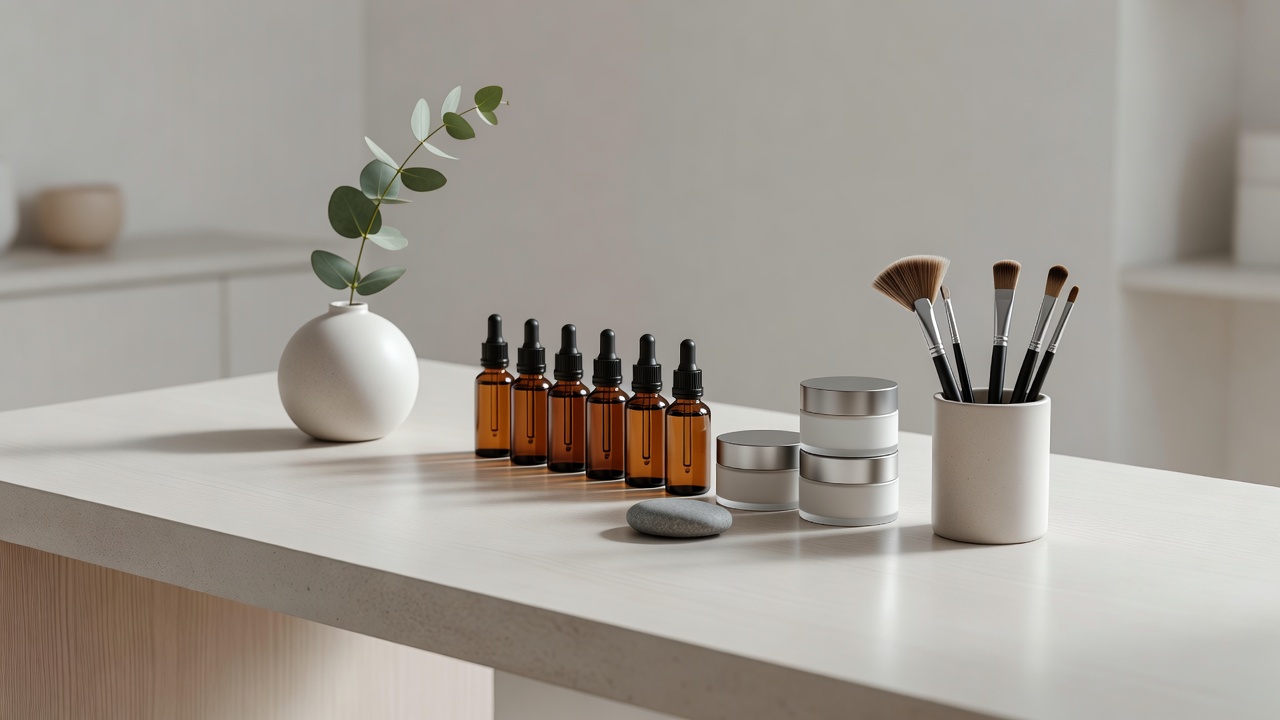 Bright Scandinavian-inspired beauty studio showing elegant cosmetic details in natural morning sunlight on a vanity desk