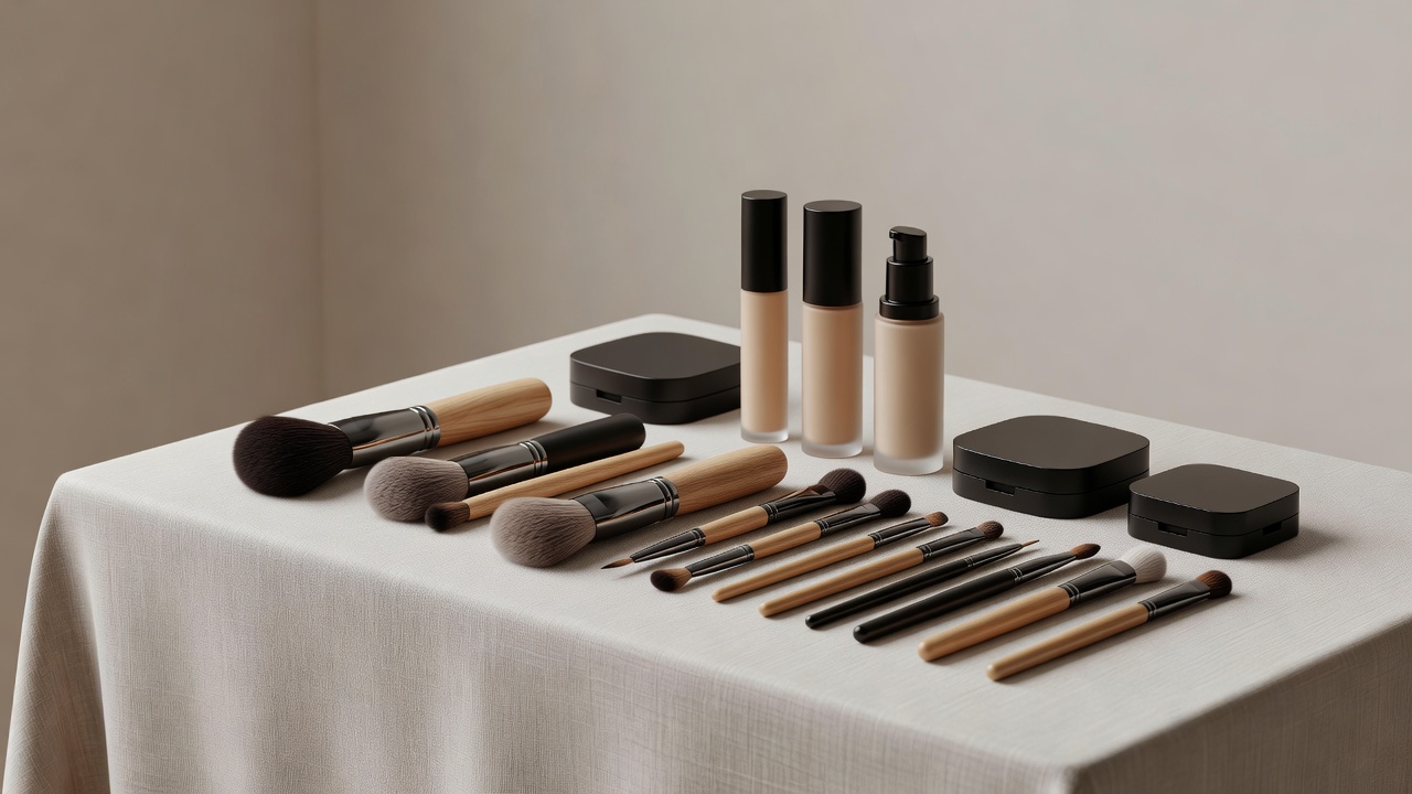 Collection of professional clean high grade makeup tools on soft neutral vanity table