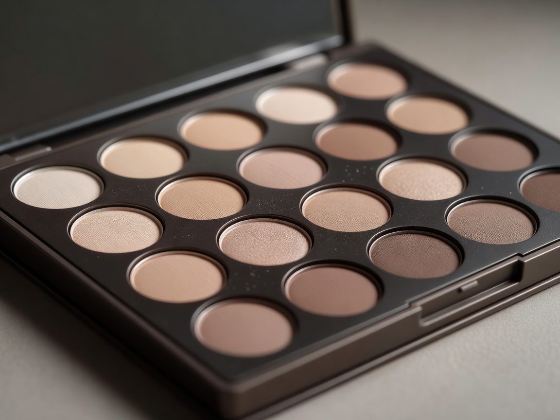 Elegant eyeshadow makeup palette close up photography with soft neutral pigments
