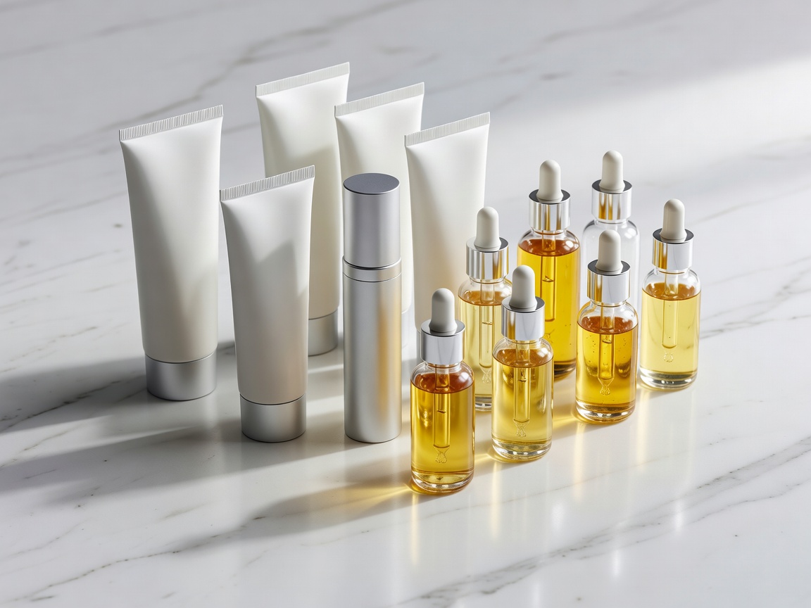 Elegant moisturizing tubes and facial skin oils on clean white surface