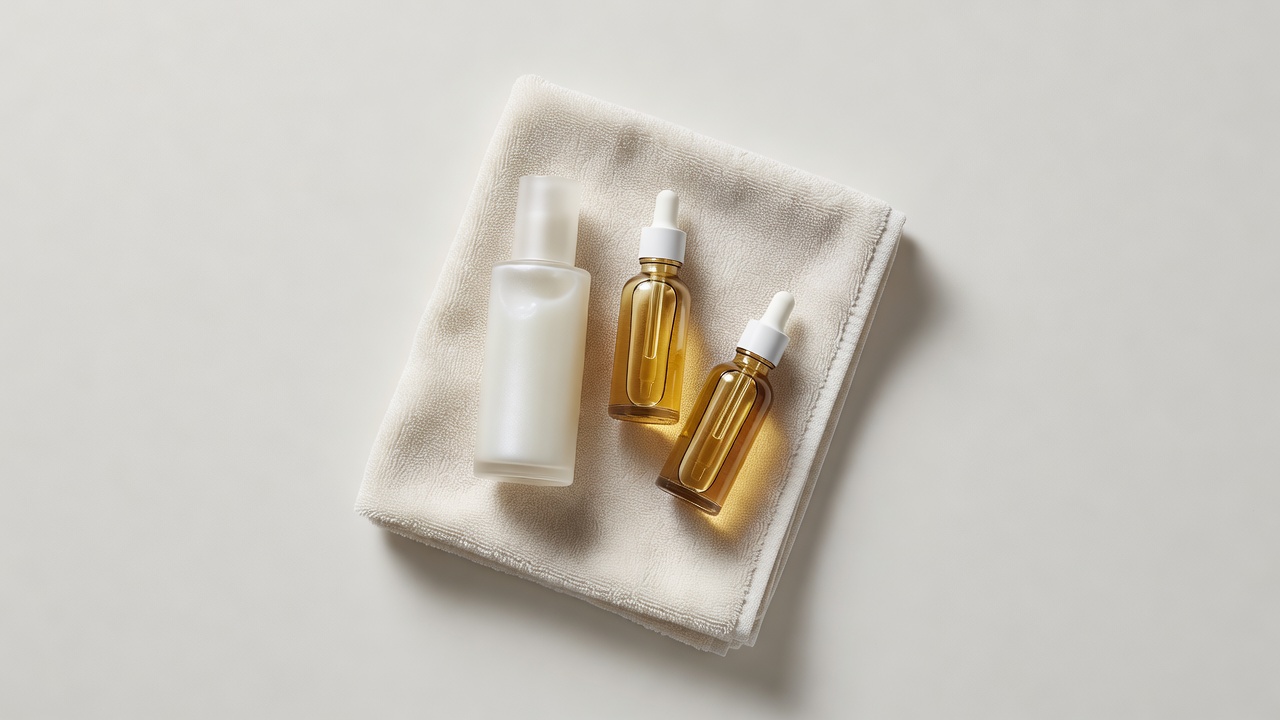 Flat lay view of fresh minimalist beauty products including lotion serums and a clean neutral towel