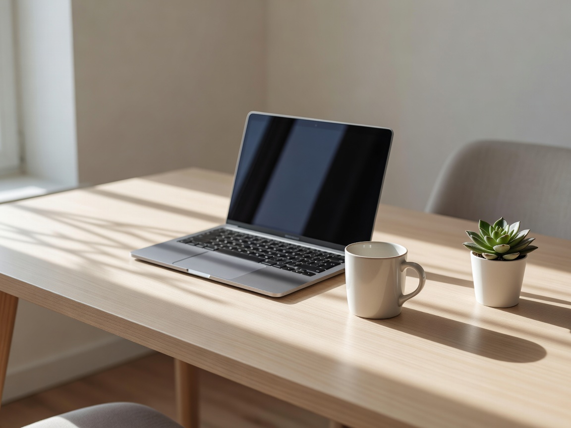 Modern clean desk workplace setting with laptop and elegant morning shadows