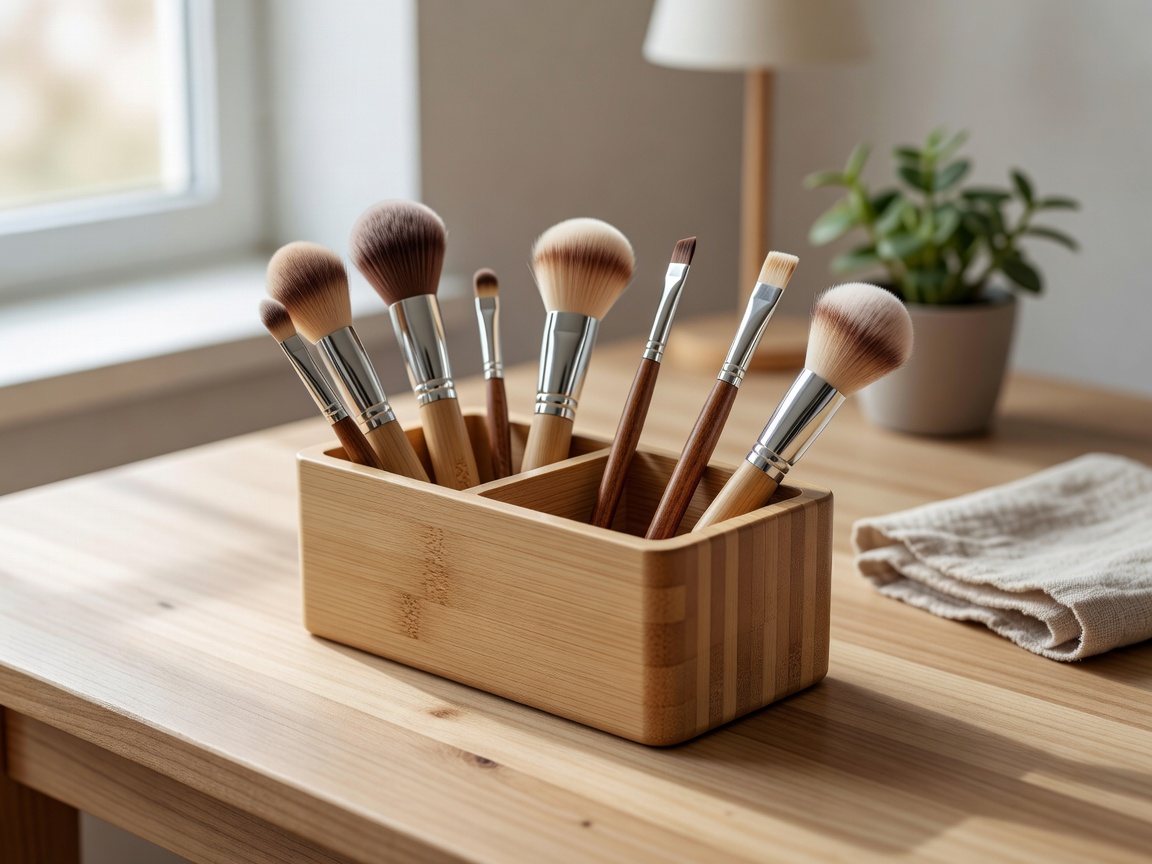Natural beauty workspace organizer container with makeup brushes
