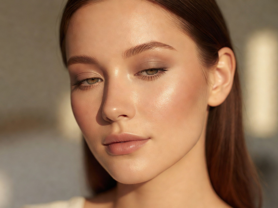 Soft natural everyday makeup look with glowing skin on model with warm sunlight